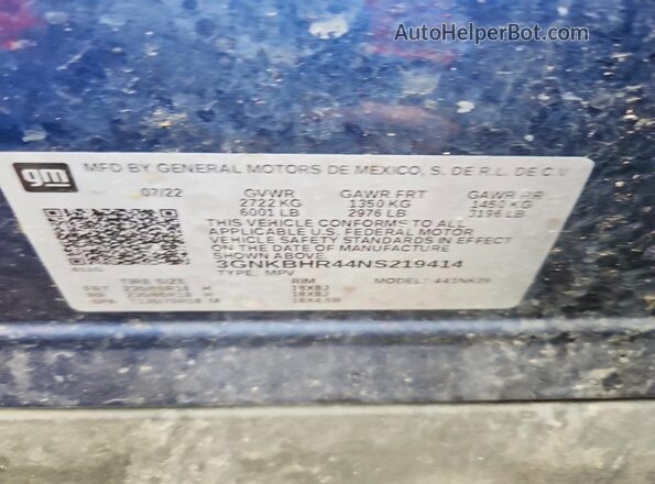 3GNKBHR44NS219414 2022 CHEVROLET BLAZER Blue Vista de la etiqueta del VIN