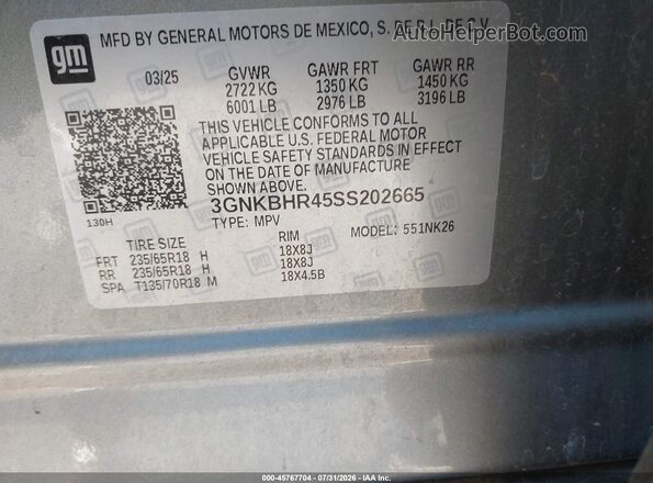 3GNKBHR45SS202665 2025 CHEVROLET BLAZER Серебряный Вид подкапотного пространства