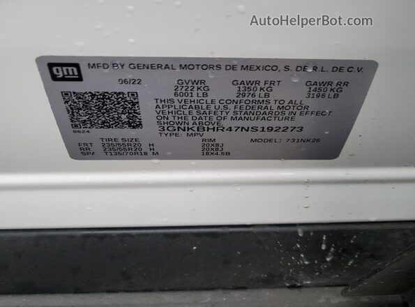 3GNKBHR47NS192273 2022 CHEVROLET BLAZER White Панорамний вид салону 360°