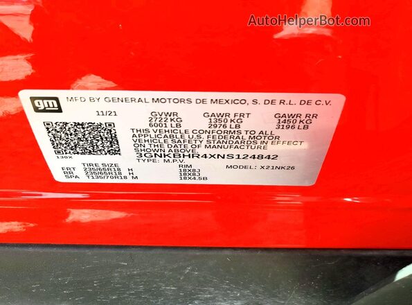 3GNKBHR4XNS124842 2022 CHEVROLET BLAZER Красный Вид наклейки с VIN-кодом