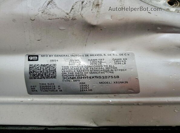3GNKBHR4XSS107518 2025 CHEVROLET BLAZER White Սալոնի 360 աստիճան տեսք