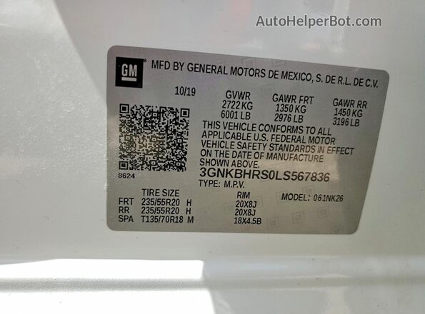 3GNKBHRS0LS567836 2020 CHEVROLET BLAZER White VIN կոդի պիտակի տեսք