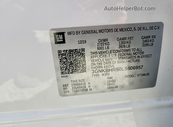 3GNKBHRS0LS606957 2020 CHEVROLET BLAZER White Vista de la etiqueta del VIN