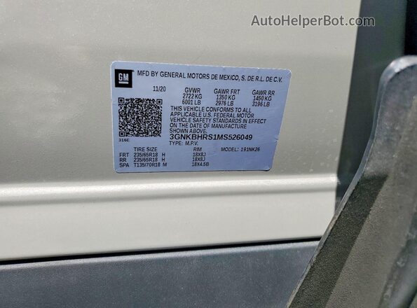 3GNKBHRS1MS526049 2021 CHEVROLET BLAZER Gray Вид наклейки з VIN-кодом