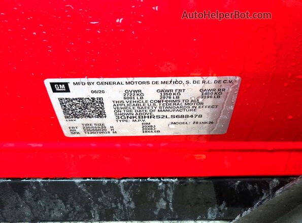 3GNKBHRS2LS688478 2020 CHEVROLET BLAZER Red Vista de la etiqueta del VIN