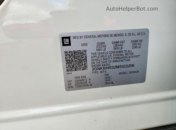 3GNKBHRS2MS515206 2021 CHEVROLET BLAZER White VIN კოდის სტიკერის ხედი