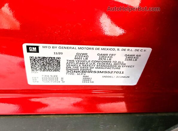 3GNKBHRS3MS527011 2021 CHEVROLET BLAZER Red VIN կոդի պիտակի տեսք