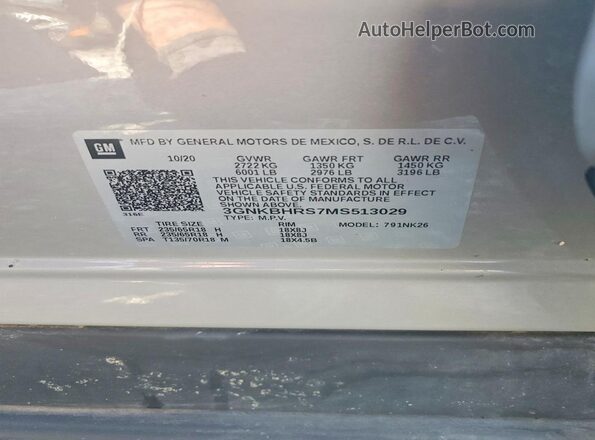 3GNKBHRS7MS513029 2021 CHEVROLET BLAZER Gray Vista interior de 360 grados