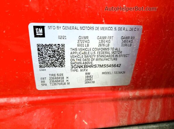 3GNKBHRS7MS545642 2021 CHEVROLET BLAZER Красный Вид наклейки с VIN-кодом