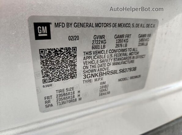 3GNKBHRS8LS637938 2020 CHEVROLET BLAZER Silver Widok naklejki z numerem VIN