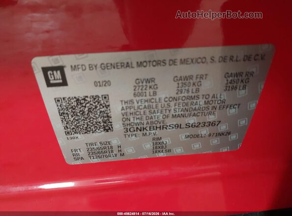 3GNKBHRS9LS623367 2020 CHEVROLET BLAZER Red Widok komory silnika