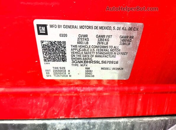 3GNKBHRS9LS670916 2020 CHEVROLET BLAZER Red Vista de la etiqueta del VIN