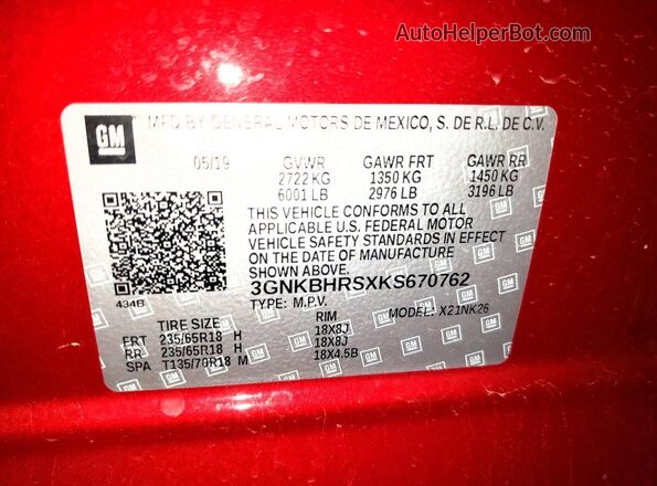 3GNKBHRSXKS670762 2019 CHEVROLET BLAZER Red VIN კოდის სტიკერის ხედი