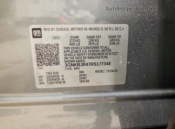 3GNKBJR47RS177348 2024 CHEVROLET BLAZER Gray VIN կոդի պիտակի տեսք