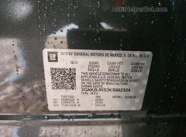 3GNKBJRS3KS682324 2019 CHEVROLET BLAZER Charcoal VIN sticker view