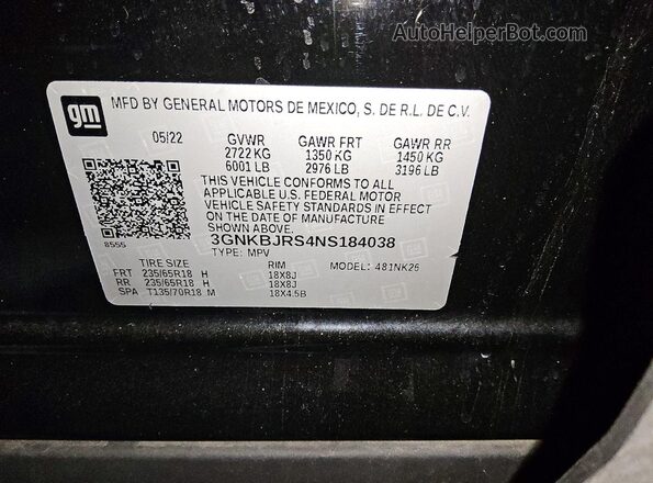 3GNKBJRS4NS184038 2022 CHEVROLET BLAZER Black Вид наклейки з VIN-кодом
