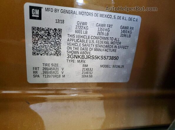 3GNKBJRS5KS573850 2019 CHEVROLET BLAZER Gold Widok naklejki z numerem VIN