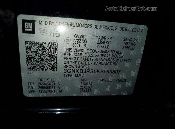 3GNKBJRS5KS593807 2019 CHEVROLET BLAZER Black VIN կոդի պիտակի տեսք