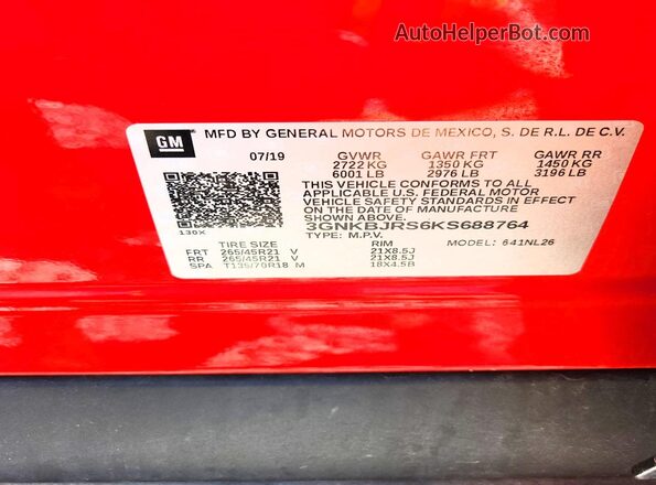 3GNKBJRS6KS688764 2019 CHEVROLET BLAZER Red VIN sticker view