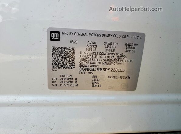 3GNKBJRS6PS228155 2023 CHEVROLET BLAZER White Vista de la etiqueta del VIN