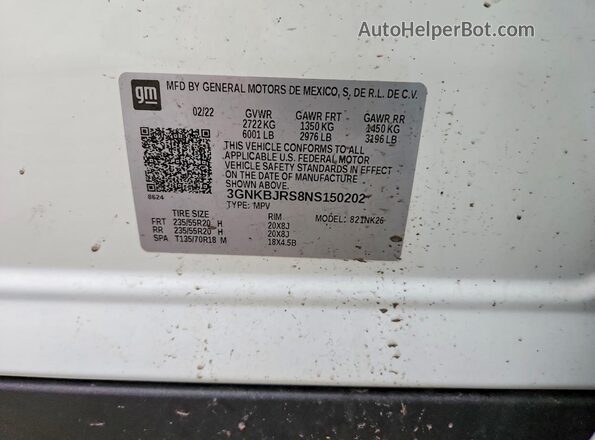 3GNKBJRS8NS150202 2022 CHEVROLET BLAZER White Vista de la etiqueta del VIN