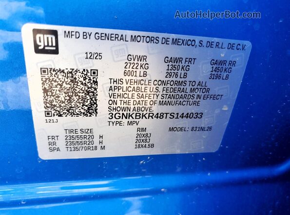 3GNKBKR48TS144033 2026 CHEVROLET BLAZER Blue VIN კოდის სტიკერის ხედი