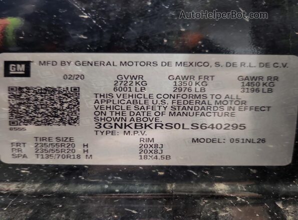 3GNKBKRS0LS640295 2020 CHEVROLET BLAZER Black VIN sticker view