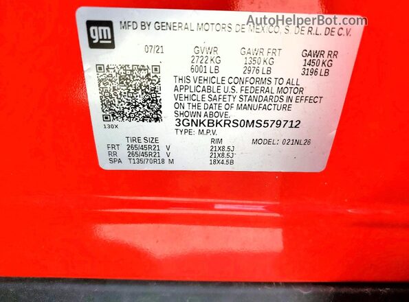 3GNKBKRS0MS579712 2021 CHEVROLET BLAZER Red Vista de la etiqueta del VIN