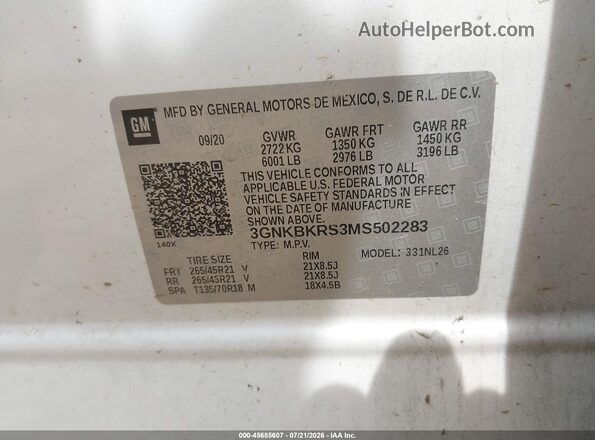 3GNKBKRS3MS502283 2021 CHEVROLET BLAZER Белый Вид подкапотного пространства