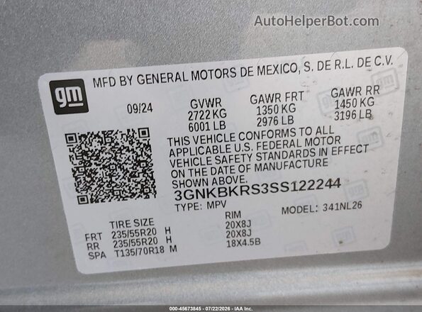 3GNKBKRS3SS122244 2025 CHEVROLET BLAZER Blue Вид підкапотного простору