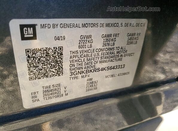 3GNKBKRS4KS643313 2019 CHEVROLET BLAZER Charcoal Вид підкапотного простору