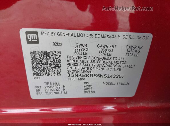 3GNKBKRS5NS143357 2022 CHEVROLET BLAZER Red Vista del compartimento del motor