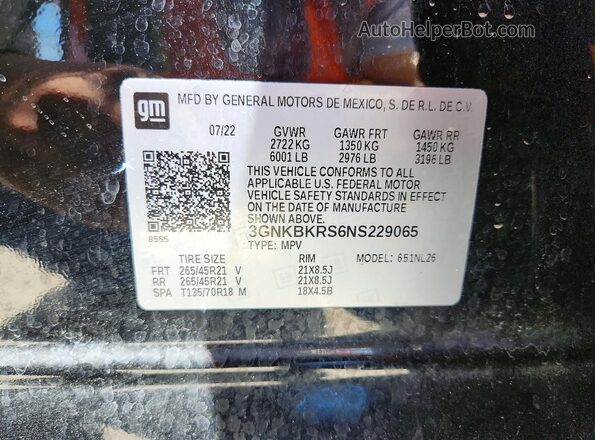 3GNKBKRS6NS229065 2022 CHEVROLET BLAZER Black Vista de la etiqueta del VIN