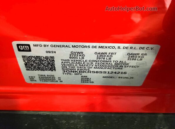 3GNKBKRS8SS124216 2025 CHEVROLET BLAZER Red VIN կոդի պիտակի տեսք