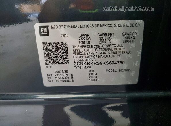 3GNKBKRS9KS694760 2019 CHEVROLET BLAZER Charcoal Vista del compartimento del motor