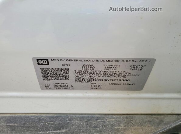 3GNKBKRS9NS219386 2022 CHEVROLET BLAZER White VIN კოდის სტიკერის ხედი