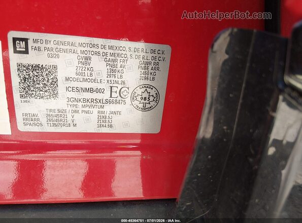 3GNKBKRSXLS668475 2020 CHEVROLET BLAZER Red Vista del compartimento del motor