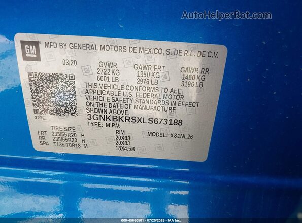 3GNKBKRSXLS673188 2020 CHEVROLET BLAZER Blue Vista del compartimento del motor
