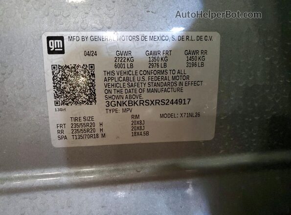 3GNKBKRSXRS244917 2024 CHEVROLET BLAZER Gray Vista de la etiqueta del VIN