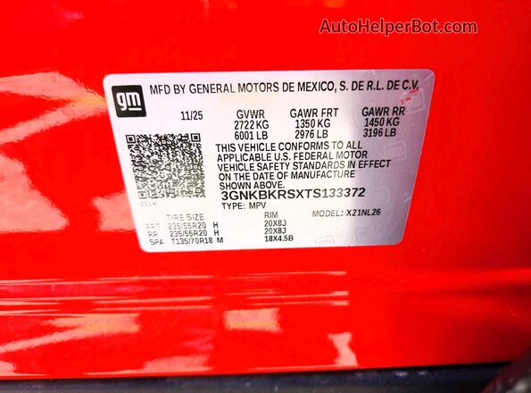 3GNKBKRSXTS133372 2026 CHEVROLET BLAZER Orange Вид підкапотного простору