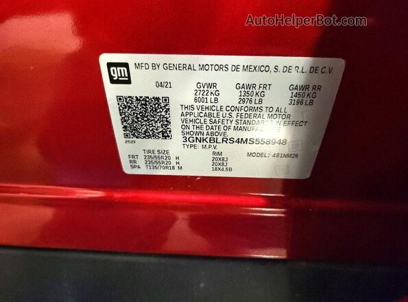 3GNKBLRS4MS558948 2021 CHEVROLET BLAZER Red Vista interior de 360 grados