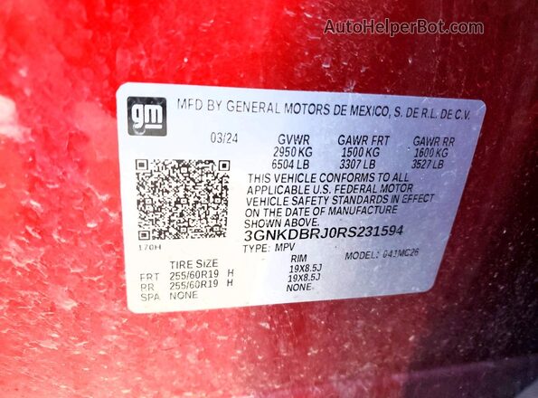 3GNKDBRJ0RS231594 2024 CHEVROLET BLAZER Red VIN კოდის სტიკერის ხედი