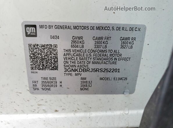 3GNKDBRJ5RS252201 2024 CHEVROLET BLAZER White Widok naklejki z numerem VIN