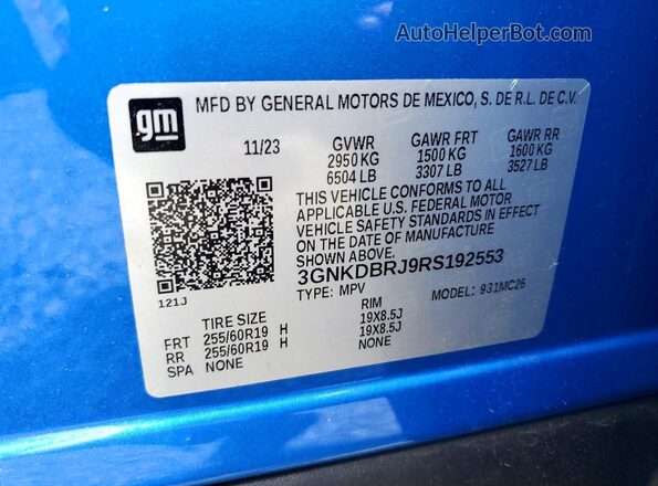 3GNKDBRJ9RS192553 2024 CHEVROLET BLAZER Синий Вид наклейки с VIN-кодом
