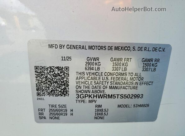 3GPKHWRM5TS502993 2026 HONDA PROLOGUE White Widok naklejki z numerem VIN