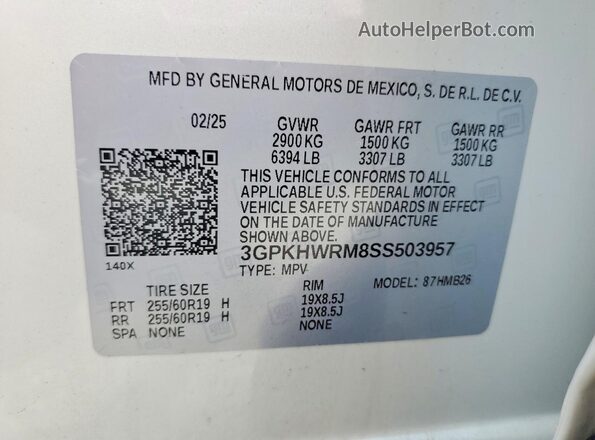 3GPKHWRM8SS503957 2025 HONDA PROLOGUE White VIN კოდის სტიკერის ხედი