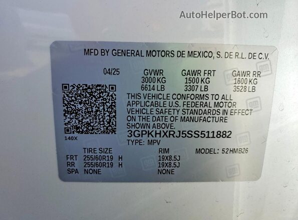 3GPKHXRJ5SS511882 2025 HONDA PROLOGUE White Widok naklejki z numerem VIN