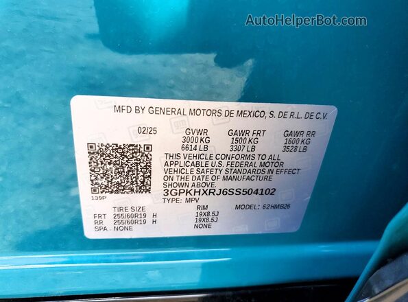 3GPKHXRJ6SS504102 2025 HONDA PROLOGUE Бирюзовый Вид наклейки с VIN-кодом