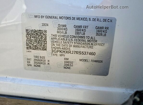 3GPKHXRJ7RS537460 2024 HONDA PROLOGUE White VIN კოდის სტიკერის ხედი