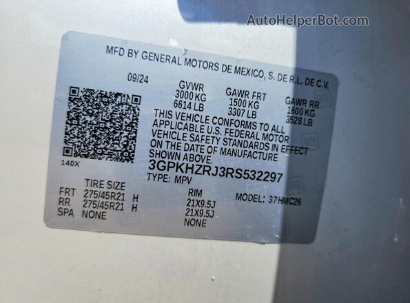 3GPKHZRJ3RS532297 2024 HONDA PROLOGUE White Widok naklejki z numerem VIN